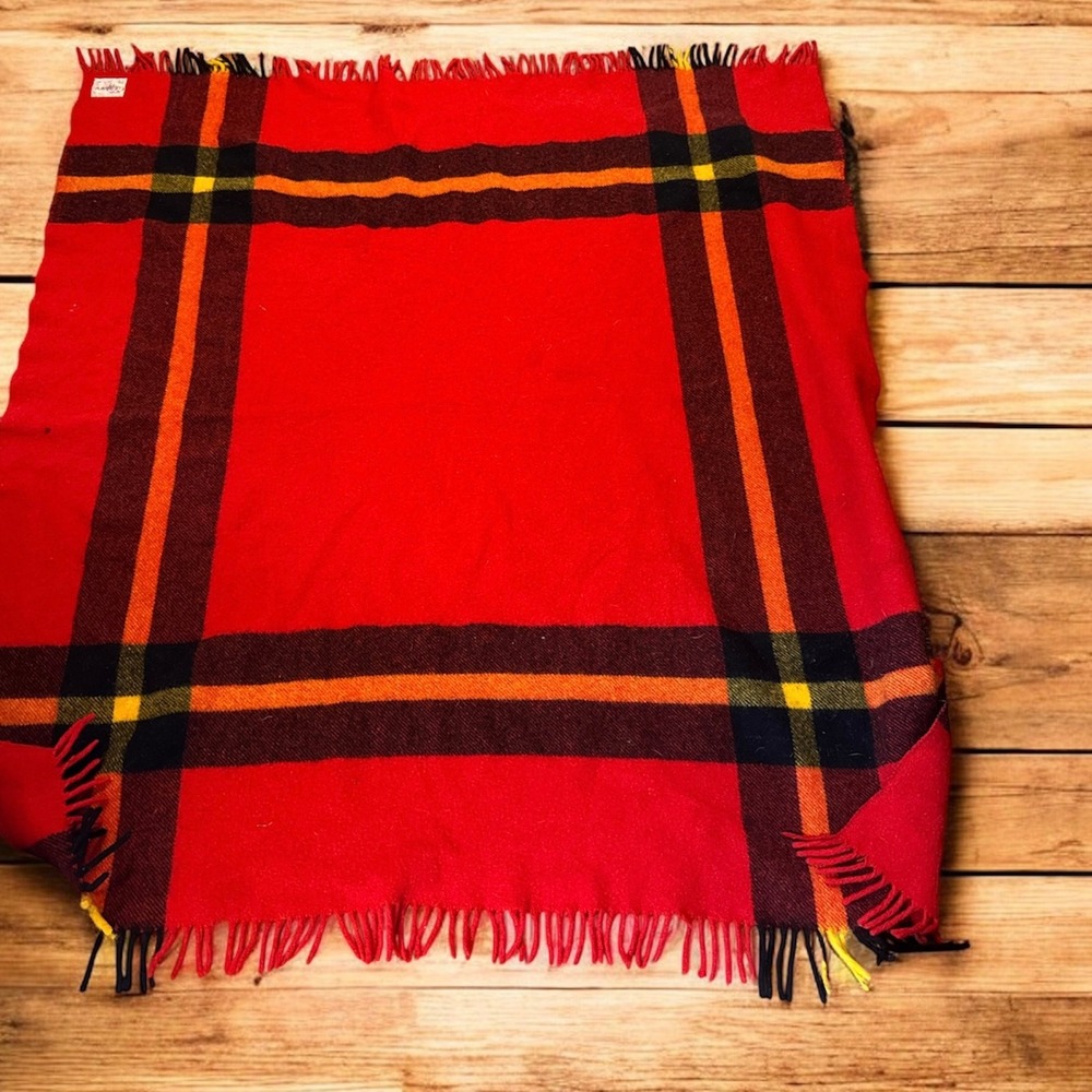 Vintage Chippewa Woolen Mills Red Plaid Wool Blanket Fringe 54x56 Made in USA